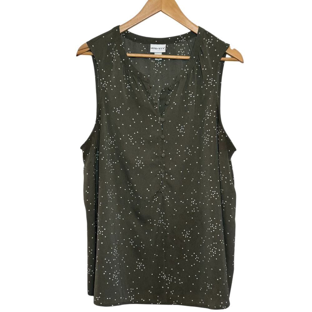 Ava & Viv  Olive Green White Whimsy Plus Size 1X Sleeveless Crepe Blouse